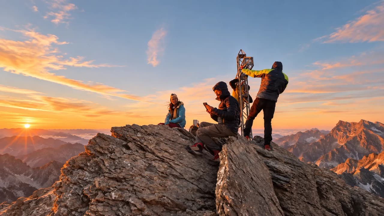 Groupe d'aventuriers au sommet des Alpes, admirant un lever de soleil époustouflant.