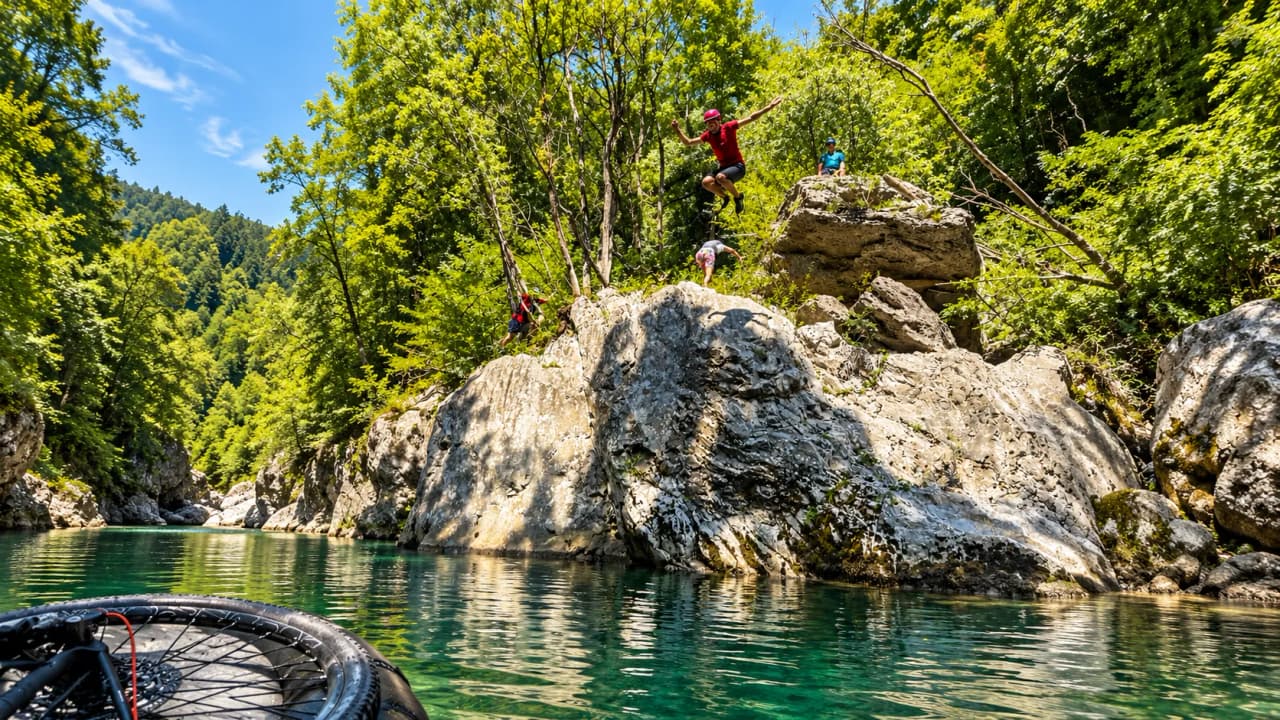 A group of adventurers leap from a rock into an emerald river surrounded by alpine greenery.