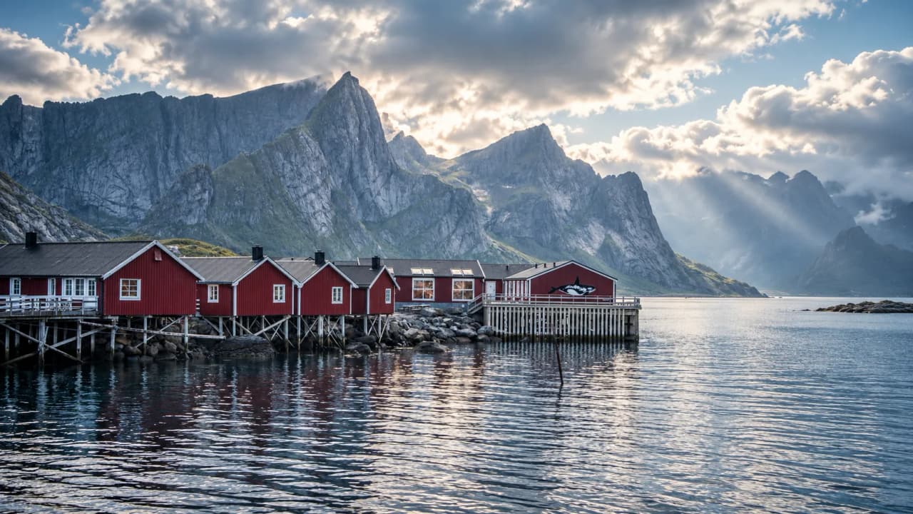 Maisons rouges pittoresques sur pilotis, reflet dans l'eau tranquille, montagnes majestueuses en arrière-plan.