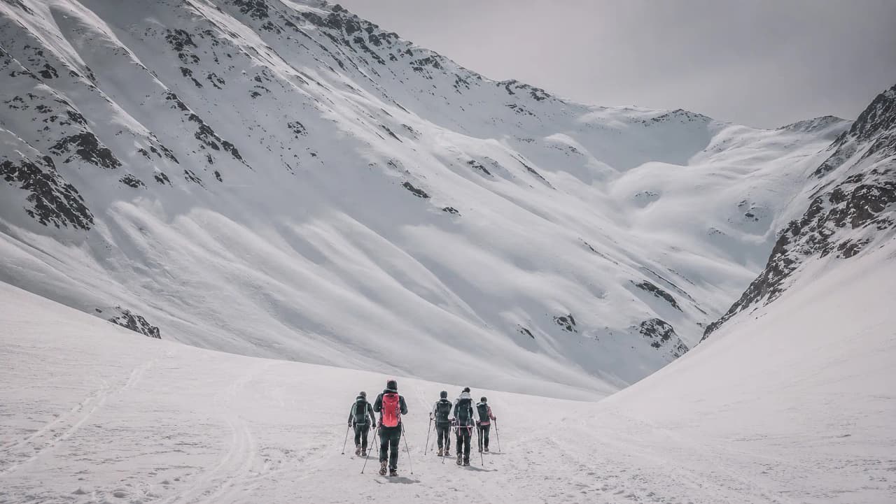 A group of snowshoe hikers on a vast snowy landscape in the Hautes-Alpes.