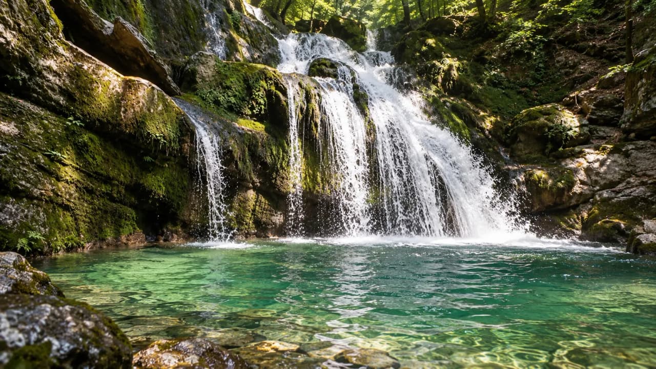 Cascade majestueuse entourée de verdure, eau turquoise invitant à l'évasion et à l'aventure.