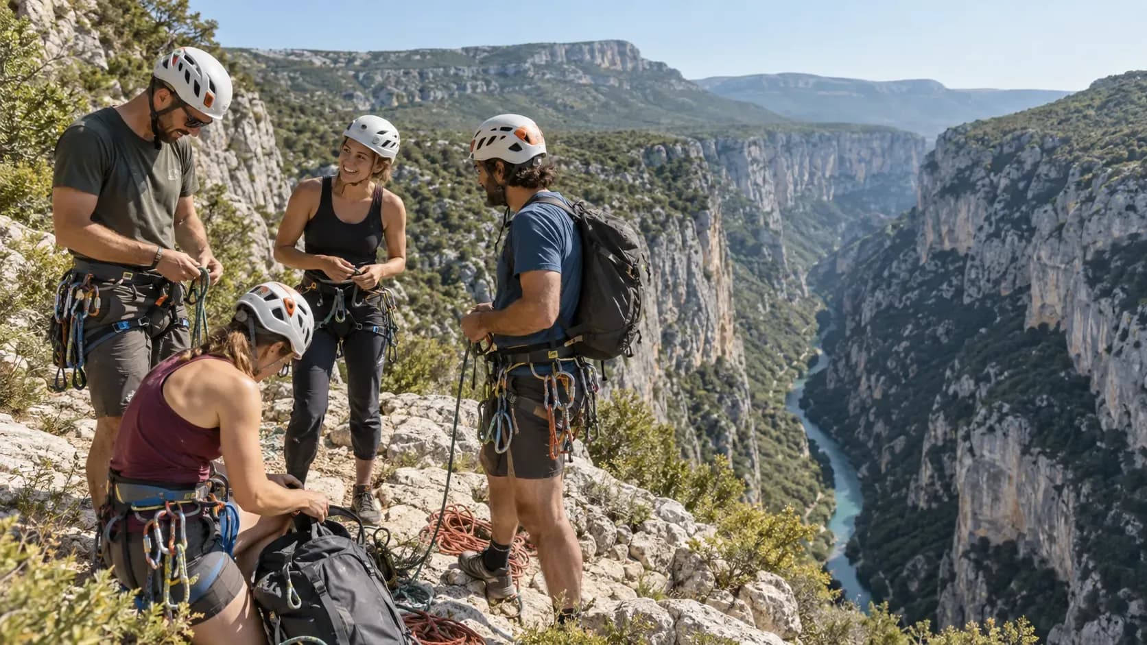 Groupe d'escalade dans les Gorges du Verdon, rires et paysages époustouflants en toile de fond.