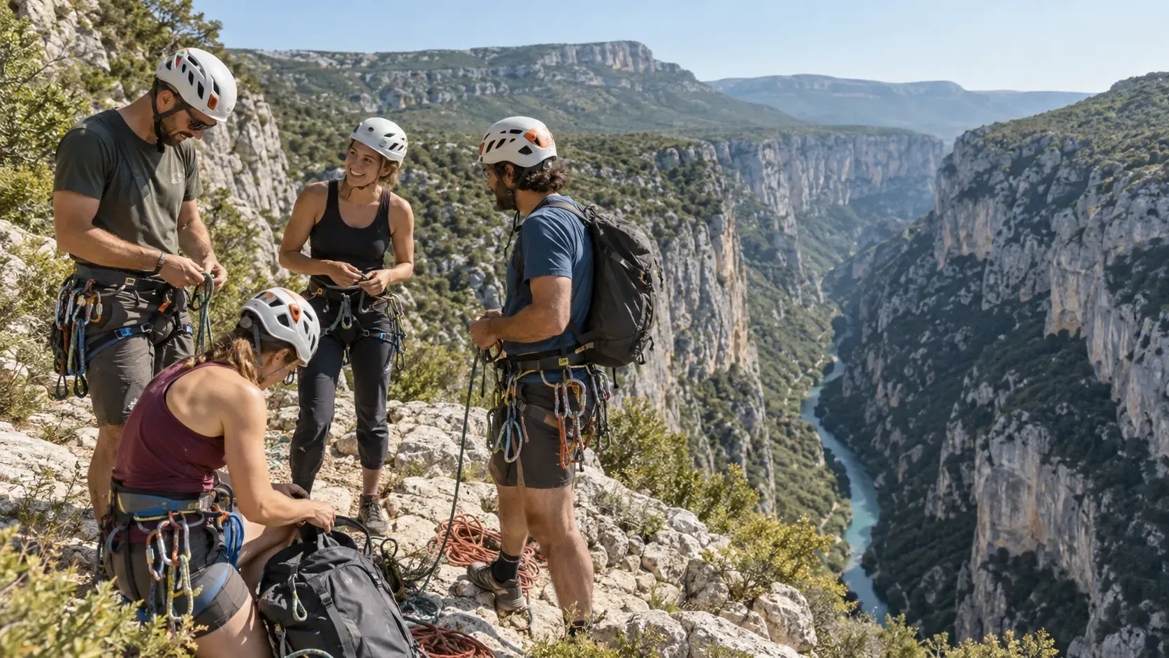 Groupe d'escalade dans les Gorges du Verdon, rires et paysages époustouflants en toile de fond.