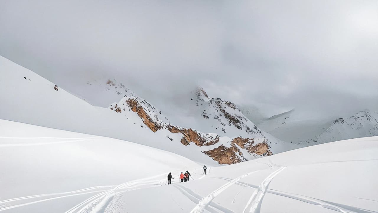 Randonneurs descendant une piste en raquettes dans les montagnes alpines.