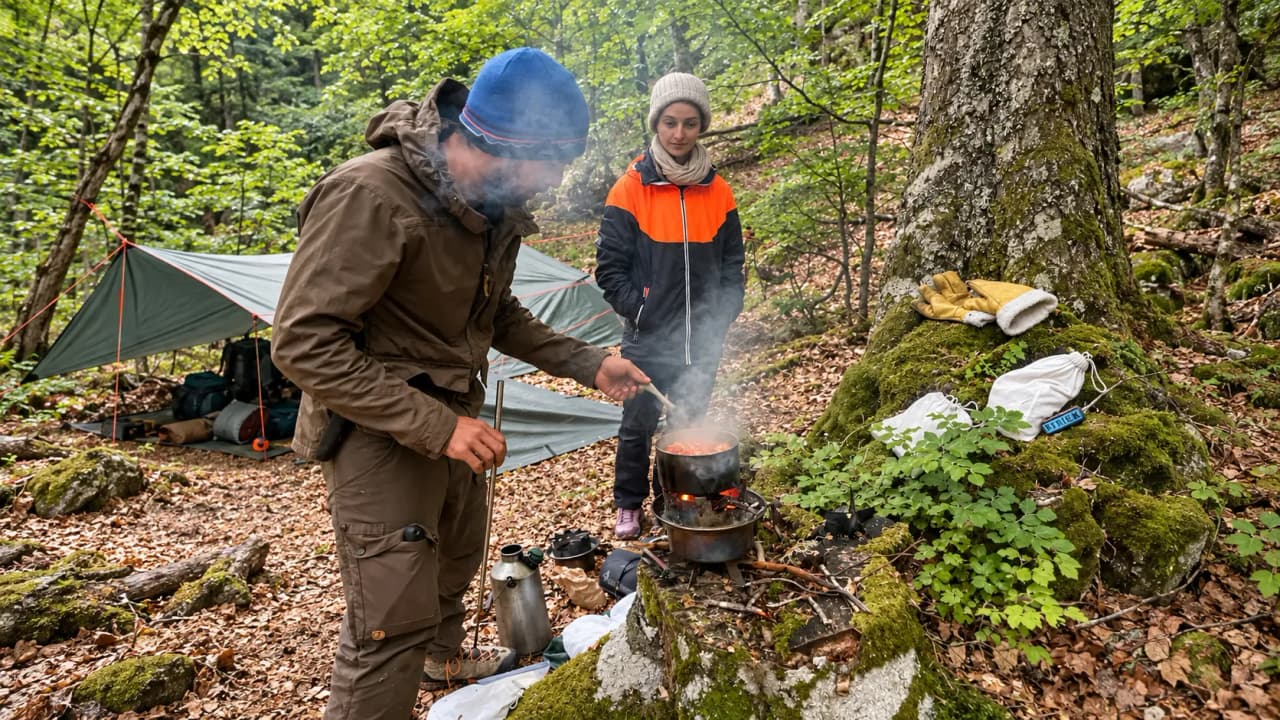 An adventurer is cooking a meal over a fire, surrounded by greenery in the Cévennes.