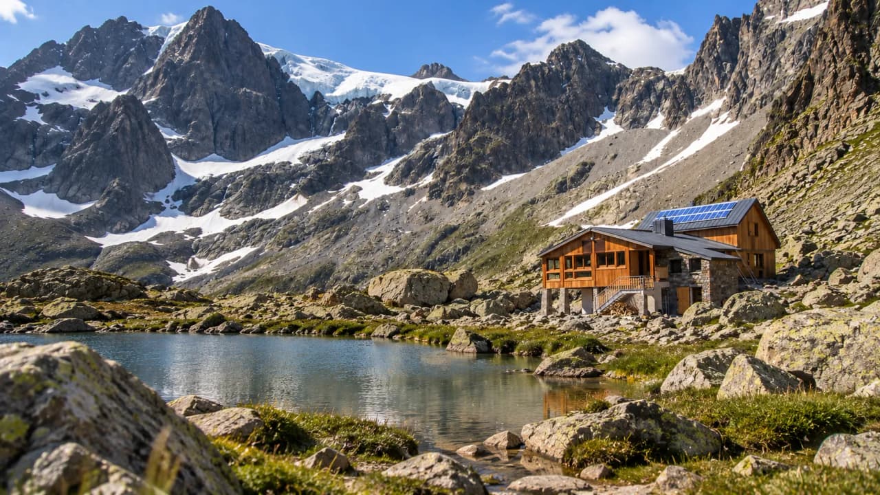 A wooden mountain hut by a lake, surrounded by majestic snow-capped mountains. An alpine getaway guaranteed.
