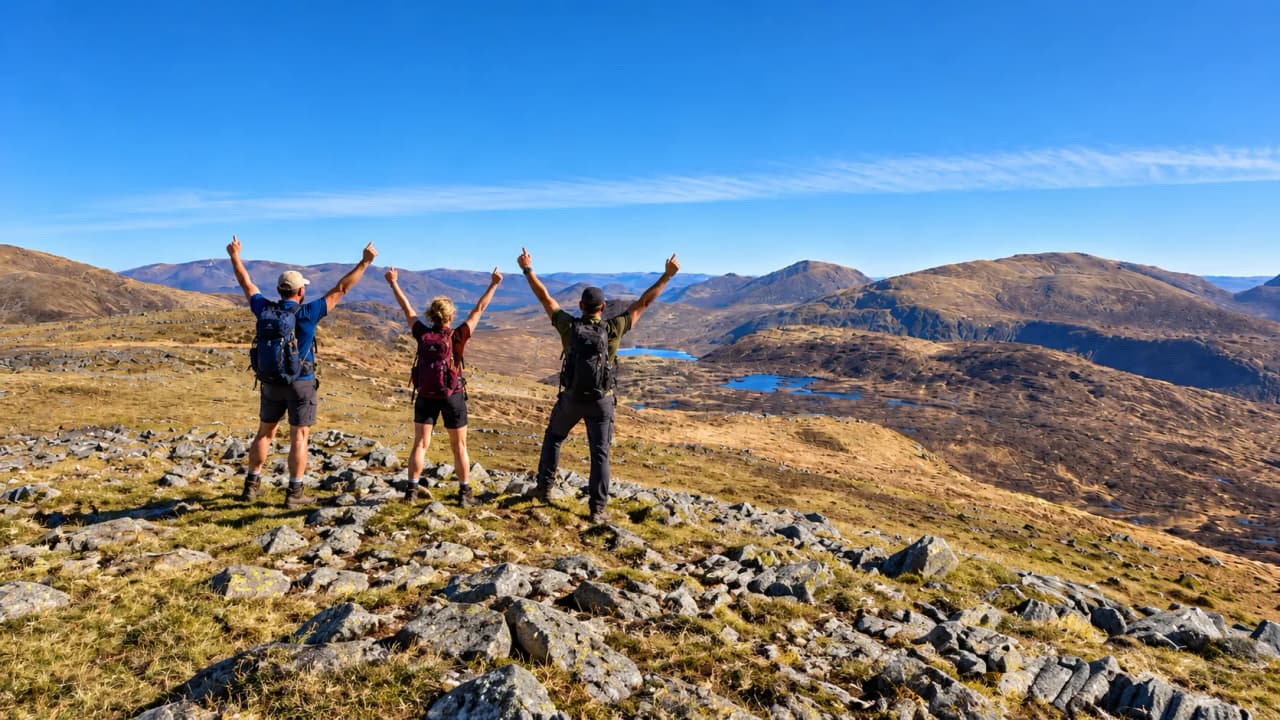 Three hikers raise their arms at the summit, facing lochs and golden Highland hills