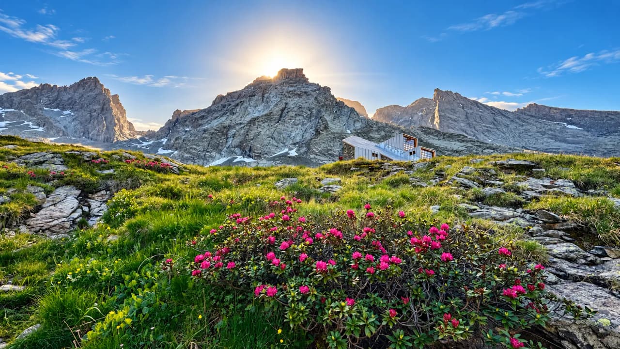 A panoramic view of Mount Viso, with colourful flowers in the foreground and an alpine mountain hut beneath a blue sky.