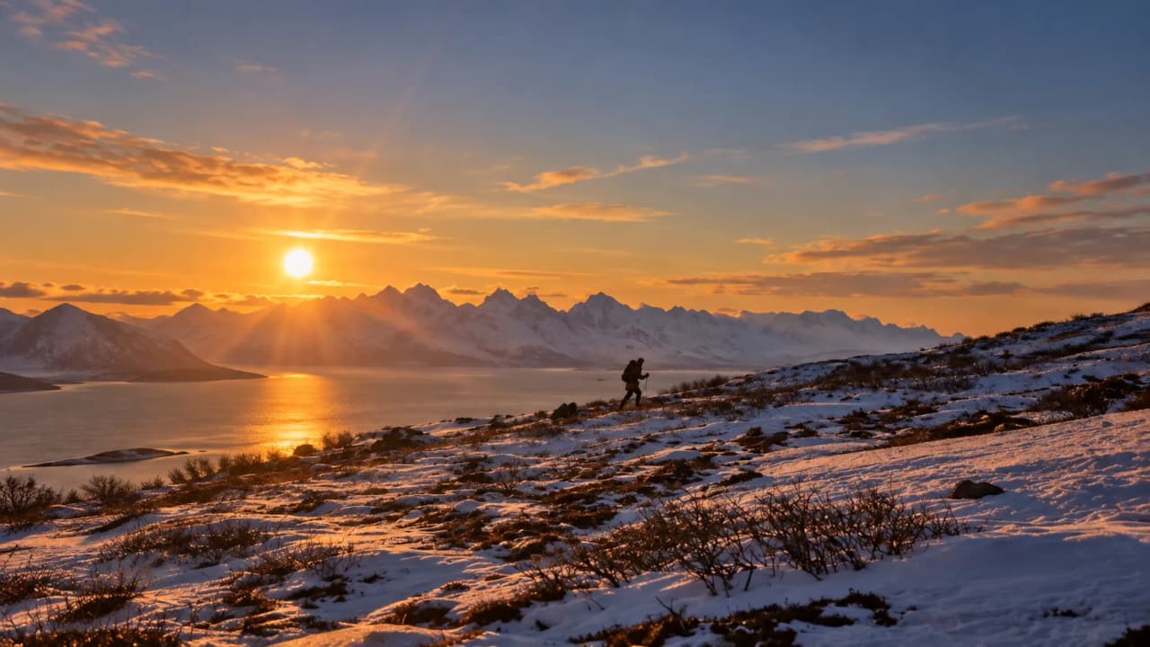 Randonneur marchant dans un paysage enneigé, sous un coucher de soleil sur les montagnes des Lofoten.
