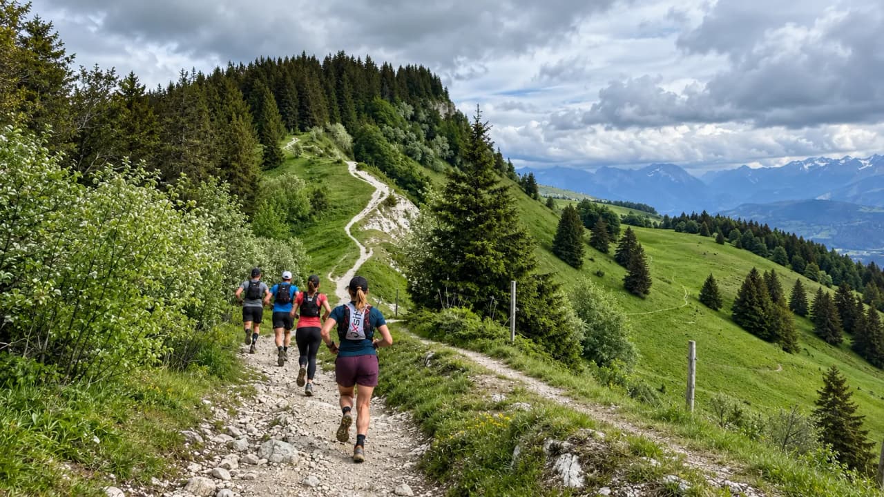 Five walkers are exploring a lush green path, surrounded by breathtaking mountain views.
