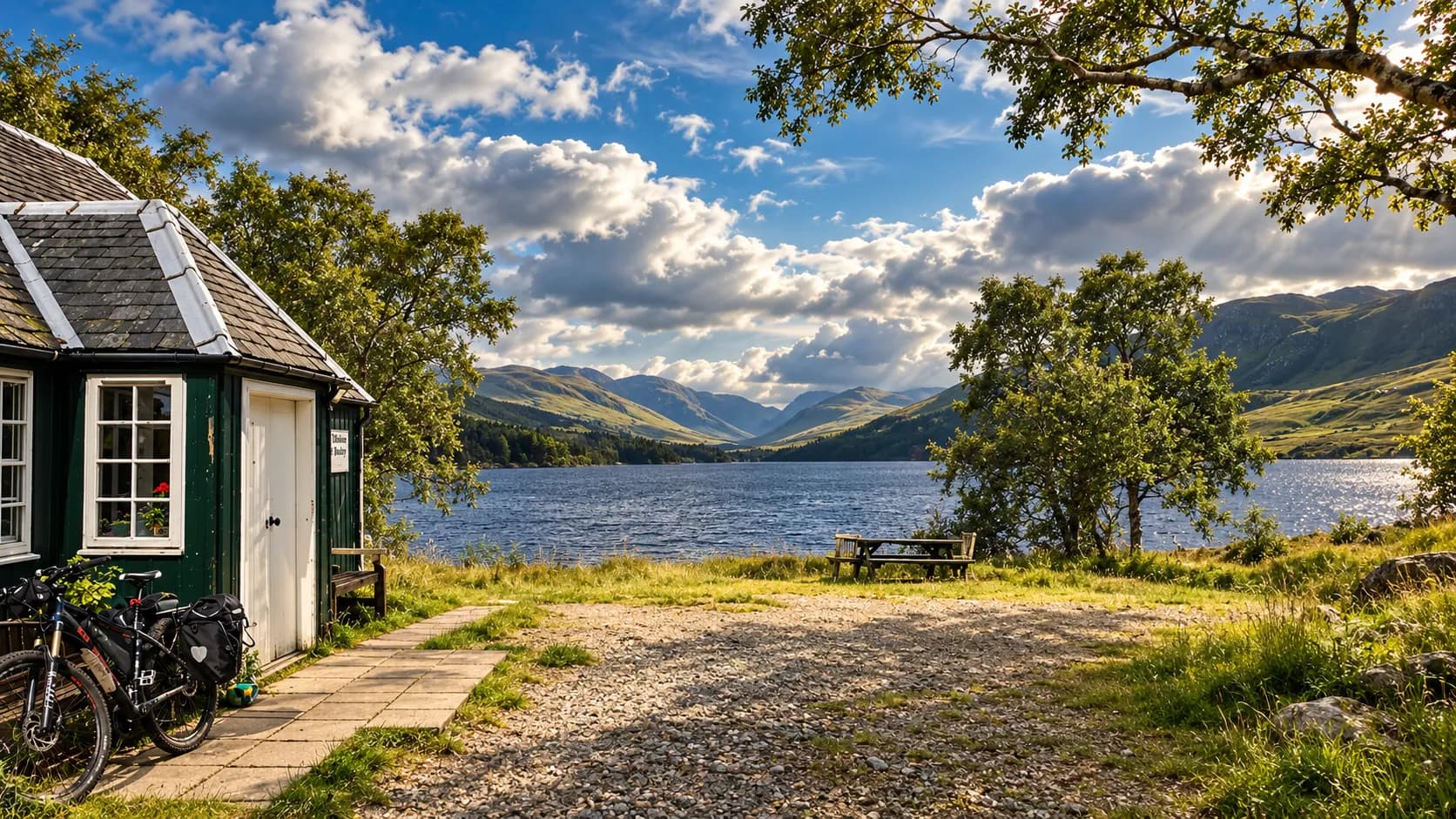 Het Loch Ossian Youth Hostel, een klein groen houten hostel aan de oever van Loch Ossian, met zicht op de bergen
