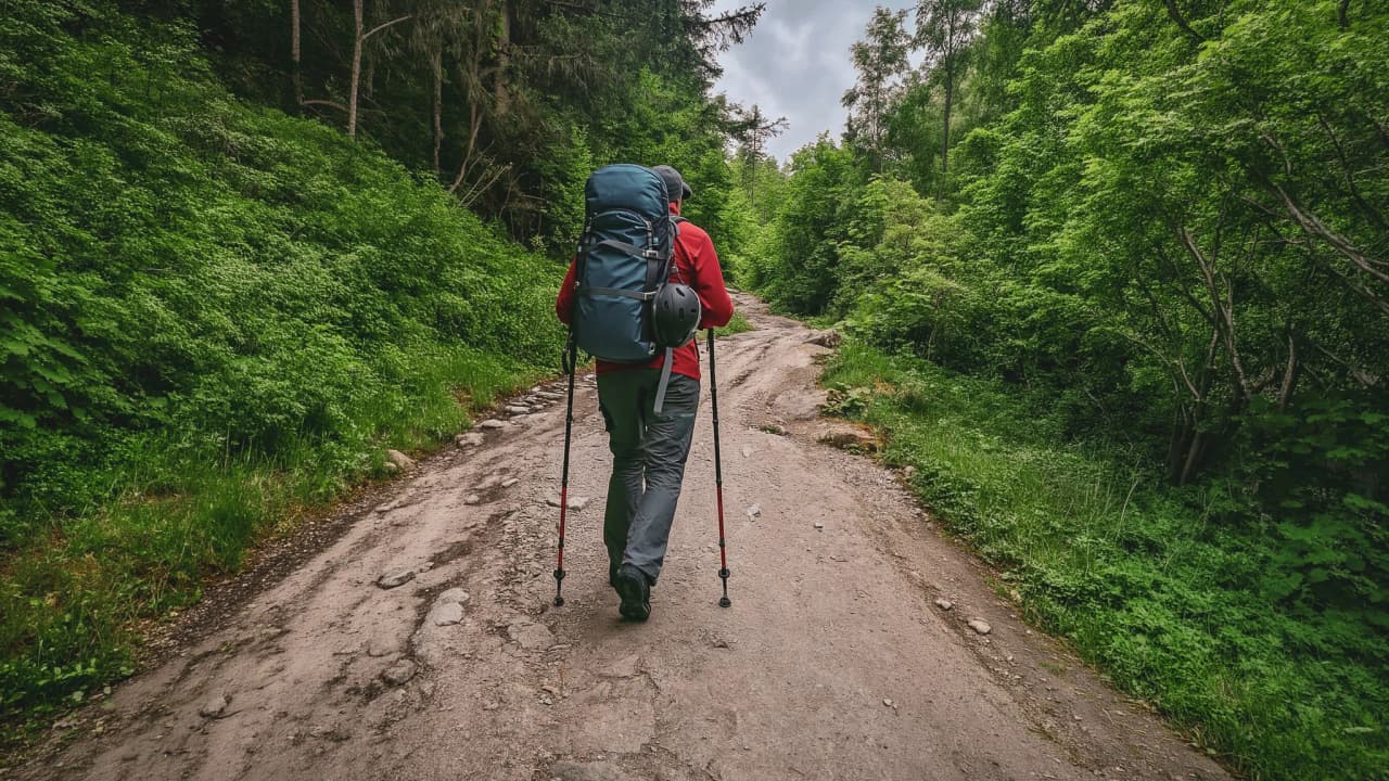 A hiker makes his way along a wooded path, prepared for adventure in the mountains.
