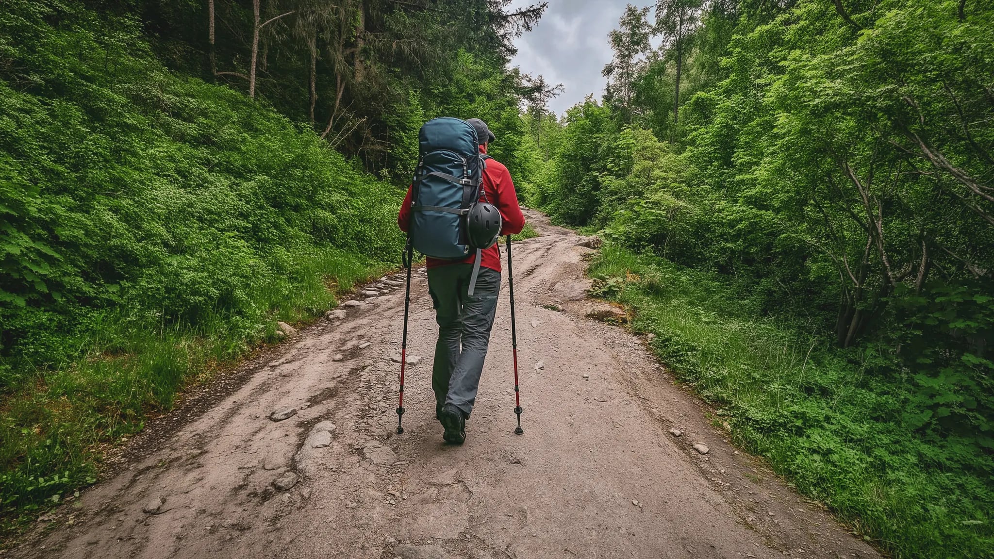 A hiker makes his way along a wooded path, prepared for adventure in the mountains.