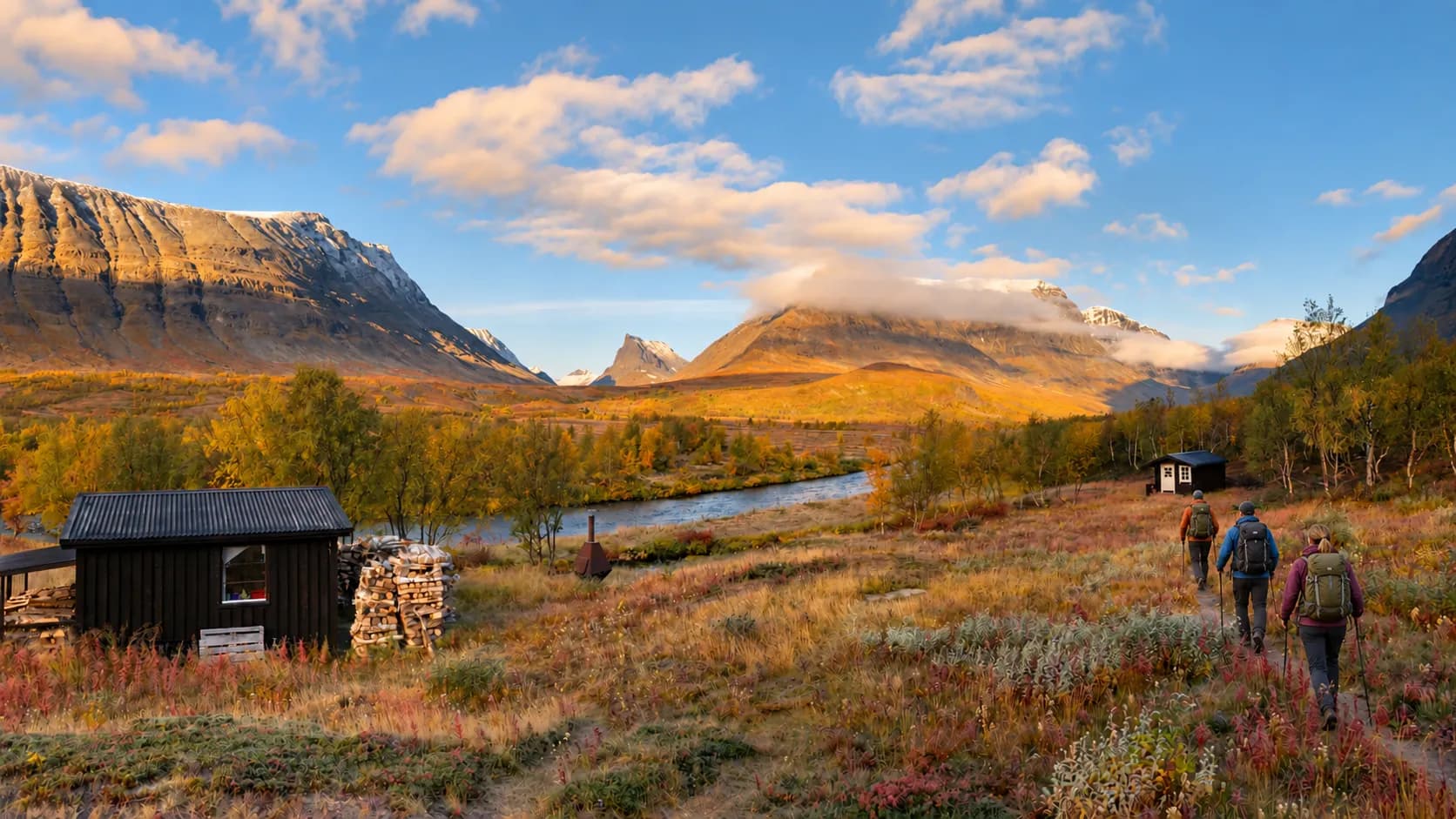 Wandelaars doorkruisen een majestueus landschap in Lapland, tussen bergen en kleurrijke valleien.