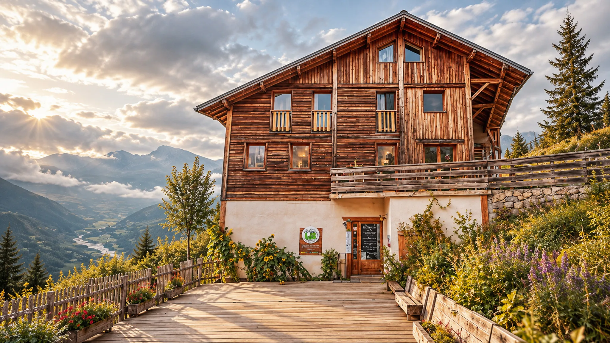 Charmant chalet en bois au cœur des Écrins, entouré de paysages alpins et de fleurs.