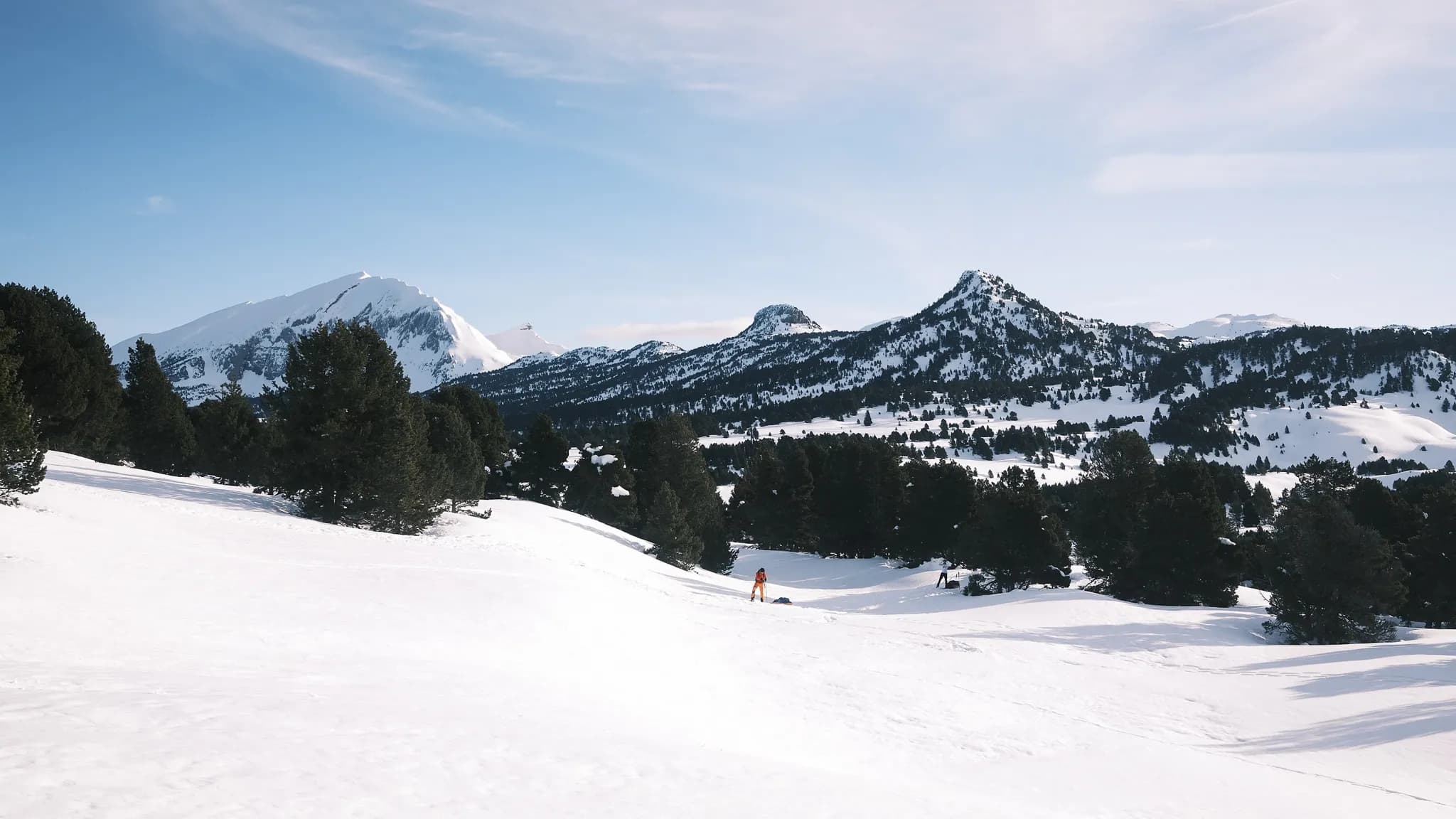 Paysage alpin enchanteur du Vercors, enneigé, avec des montagnes majestueuses et des conifères.