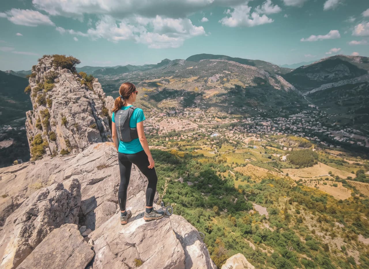 Randonneuse sur un sommet surplombant des vallées verdoyantes et des montagnes, invitation à l'aventure.