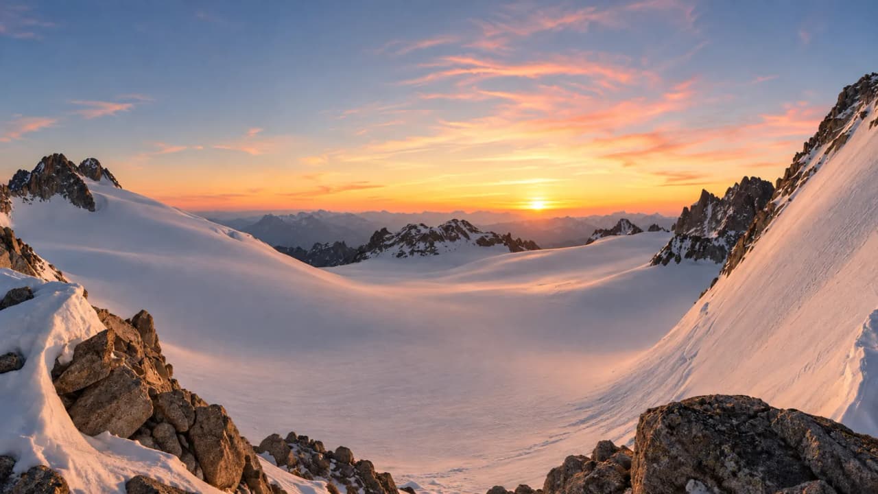 Laagstaande zon aan de horizon boven een gletsjerplateau omringd door rotspieken.
