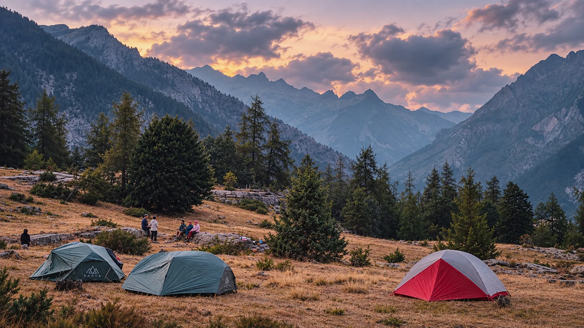 Paysage alpin au crépuscule avec des tentes, idéal pour une aventure en pleine nature.