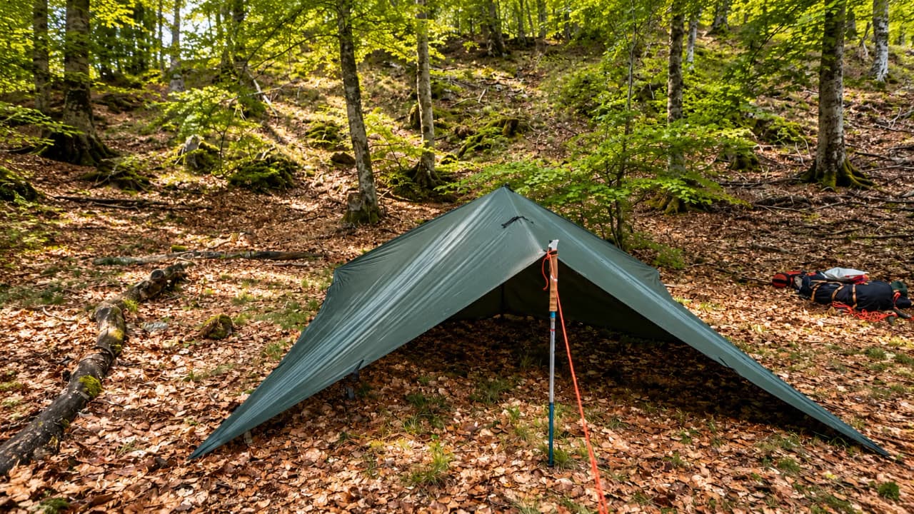 A tarp pitched with a pole in a beech forest carpeted with fallen leaves, with a bag beside it.