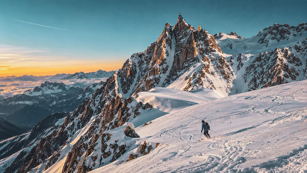 Skieur solo glissant sur la neige immaculée, en toile de fond, majestueux Mont Blanc au coucher du soleil.