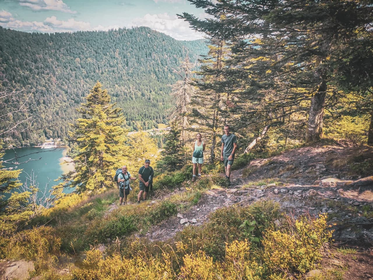A group of hikers on a sunny path, surrounded by lush green forests and a lake in the distance.