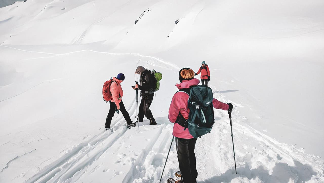 Groupe de randonneurs en raquettes sur une neige vierge, avec majestueux paysages alpins en toile de fond.