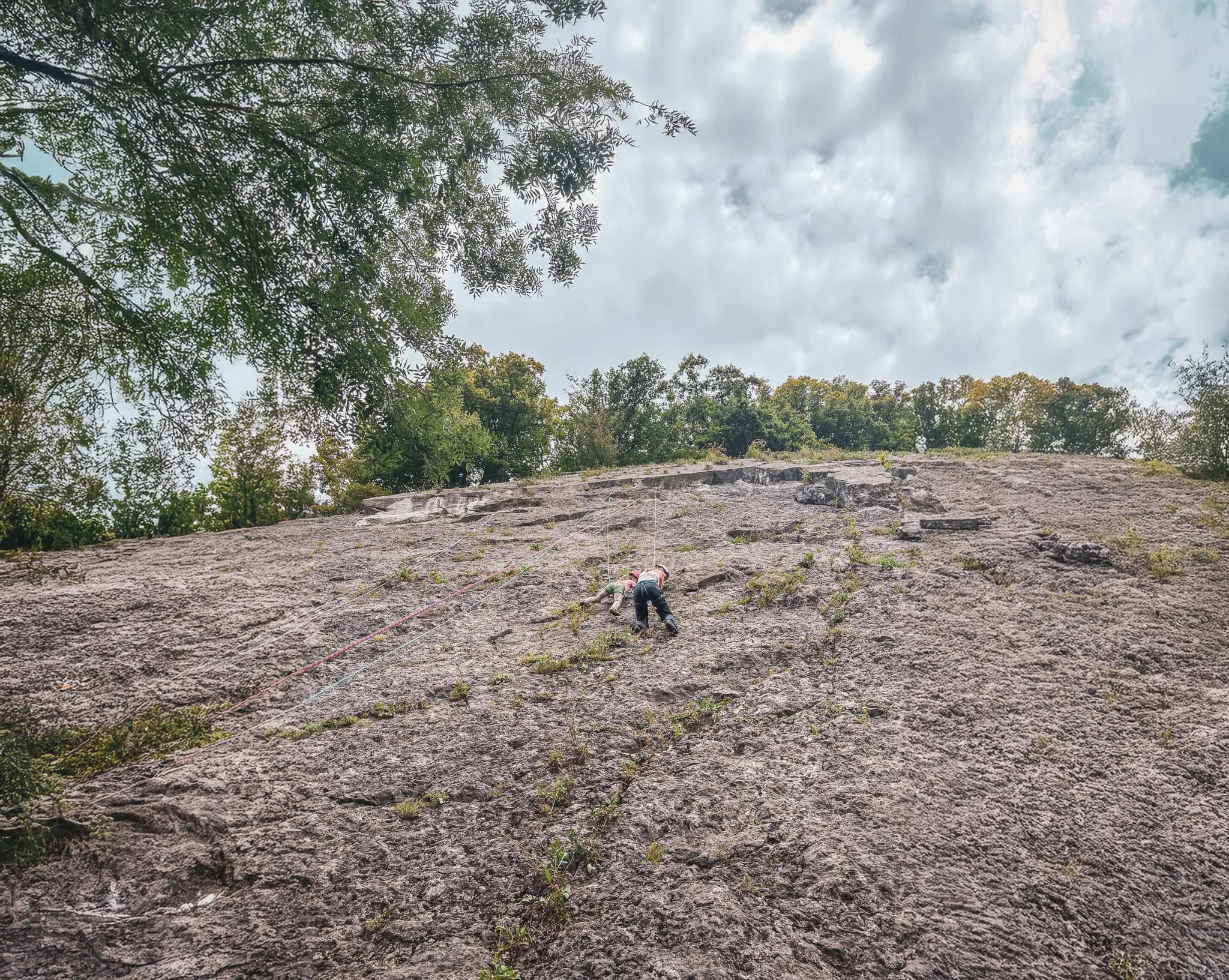 Cliff climbing at Yvoir, with a climber on a rock surrounded by greenery. A magical adventure!