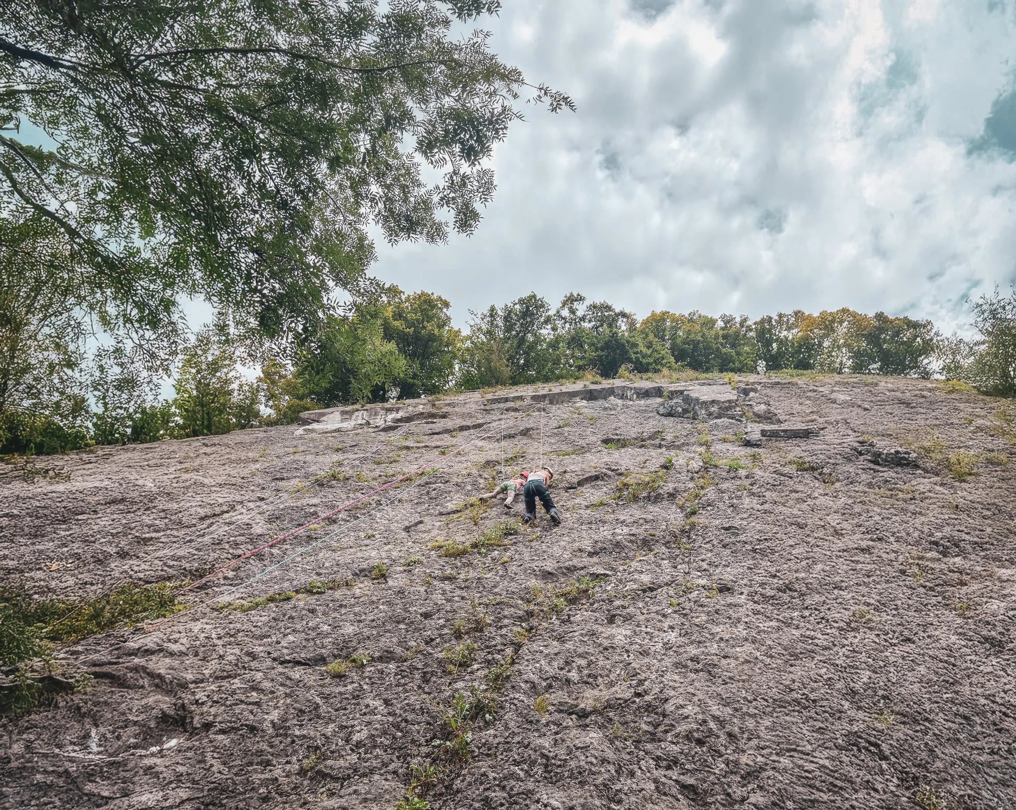 Cliff climbing at Yvoir, with a climber on a rock surrounded by greenery. A magical adventure!