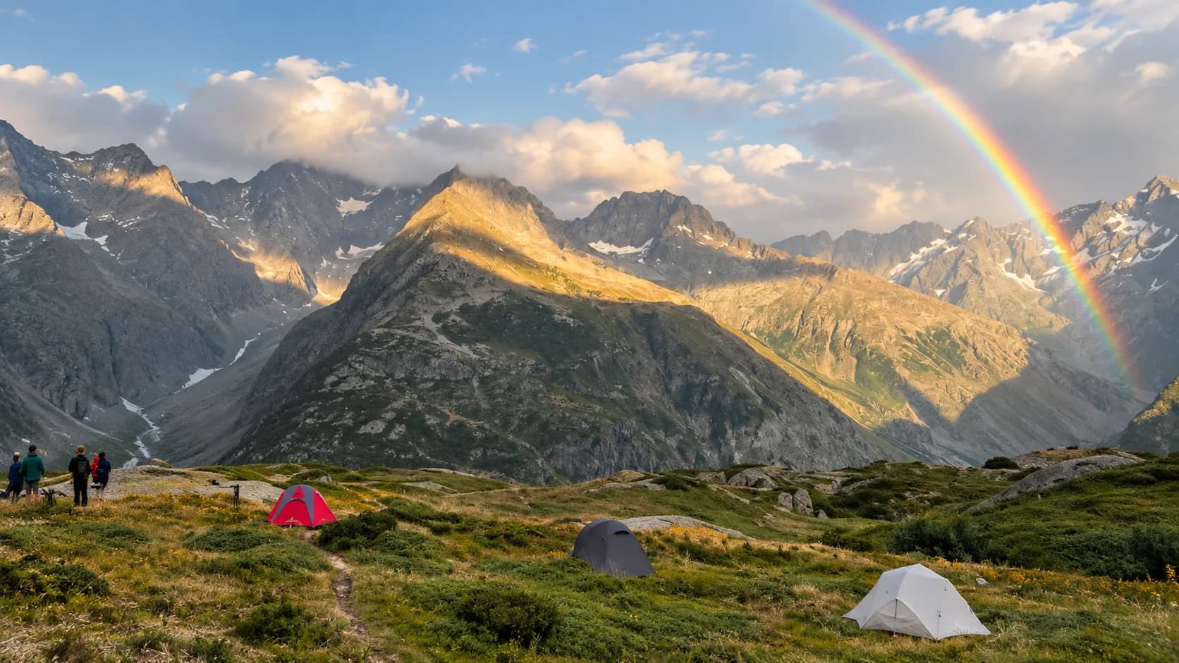 Un paysage majestueux des Écrins avec des tentes colorées, des sommets et un arc-en-ciel.