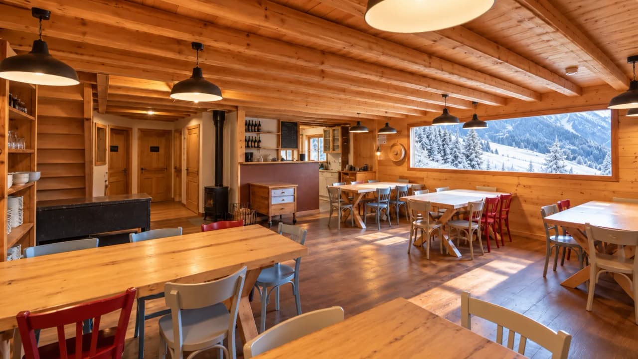 A cosy, wood-panelled room with large windows offering views of snow-capped mountains.