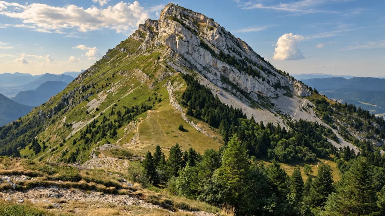 "A majestic panorama of the Vercors peaks, lush greenery and winding paths."