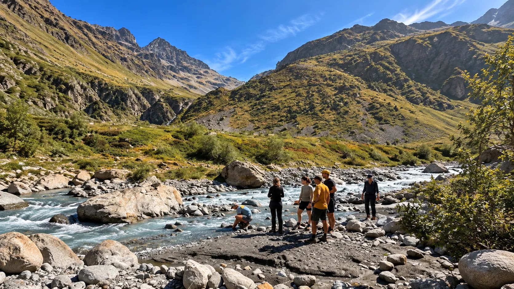Groupe de randonneurs au bord d'une rivière cristalline, entourés de montagnes majestueuses.