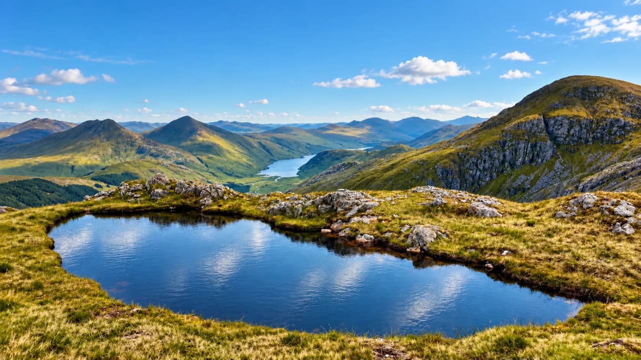 A high lochan mirroring the sky, with a loch and Highland peaks spread out below