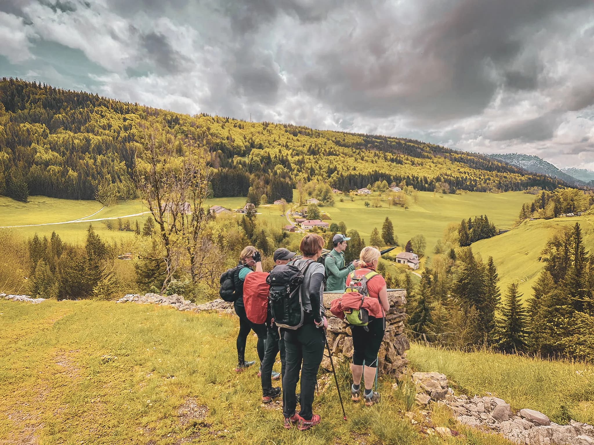 Een groep wandelaars bewondert de groene uitzichten van de Jura, tussen bossen en heuvels.
