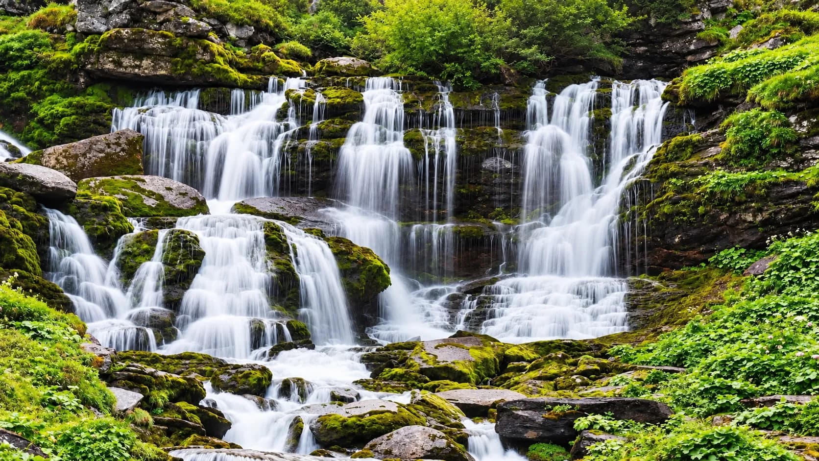 A majestic waterfall surrounded by lush greenery, inviting you to escape into the heart of the Alpine countryside.