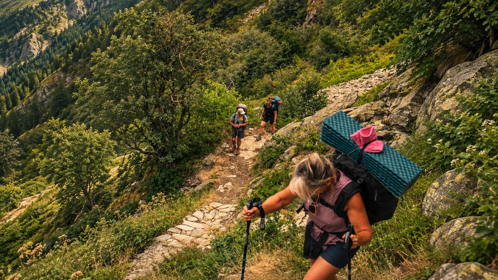 Trek en montagne : randonneurs gravissant un sentier verdoyant, entourés de sommets majestueux.