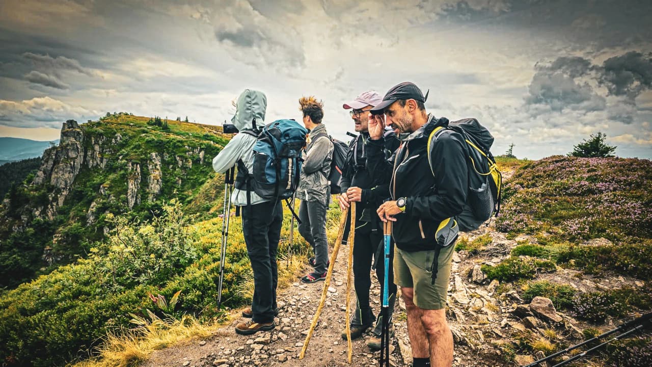 A group of hikers contemplating a green panorama of the Vosges, ready for adventure.