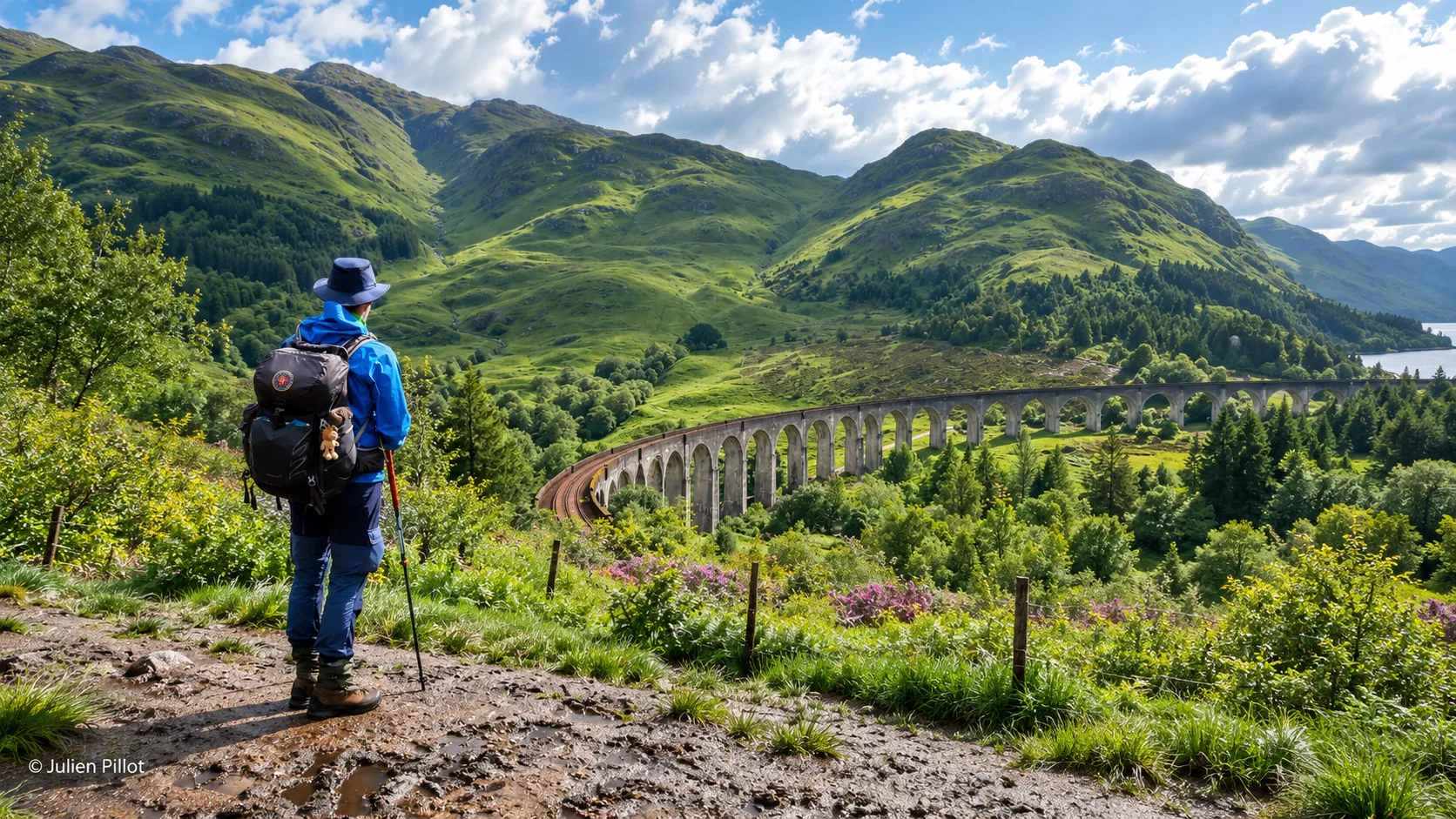 Wandeling door de Schotse Hooglanden, met een majestueus viaduct en groene bergen.