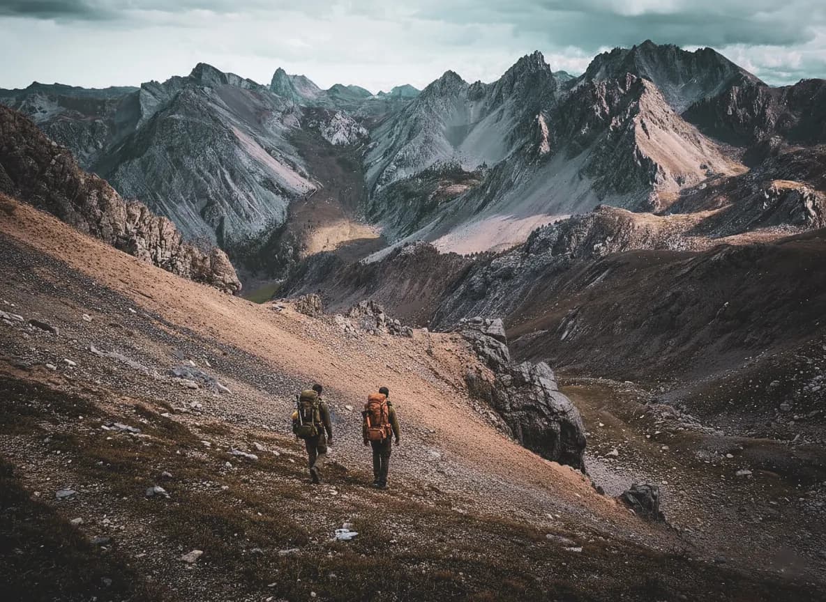 Twee wandelaars trekken door een majestueus Alpenlandschap, tussen bergen en wildernis.