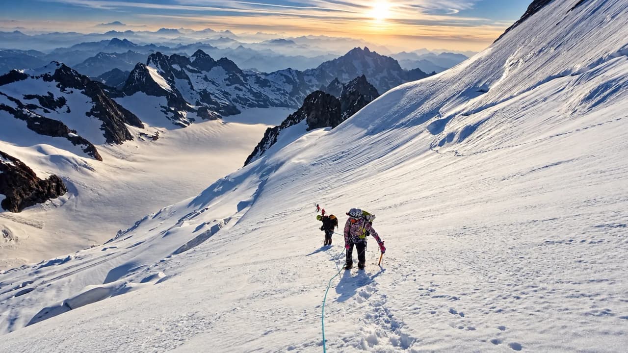 Een touwgroep klimt bij zonsopgang over een sneeuwhelling, met de toppen van de Écrins in de diepte.