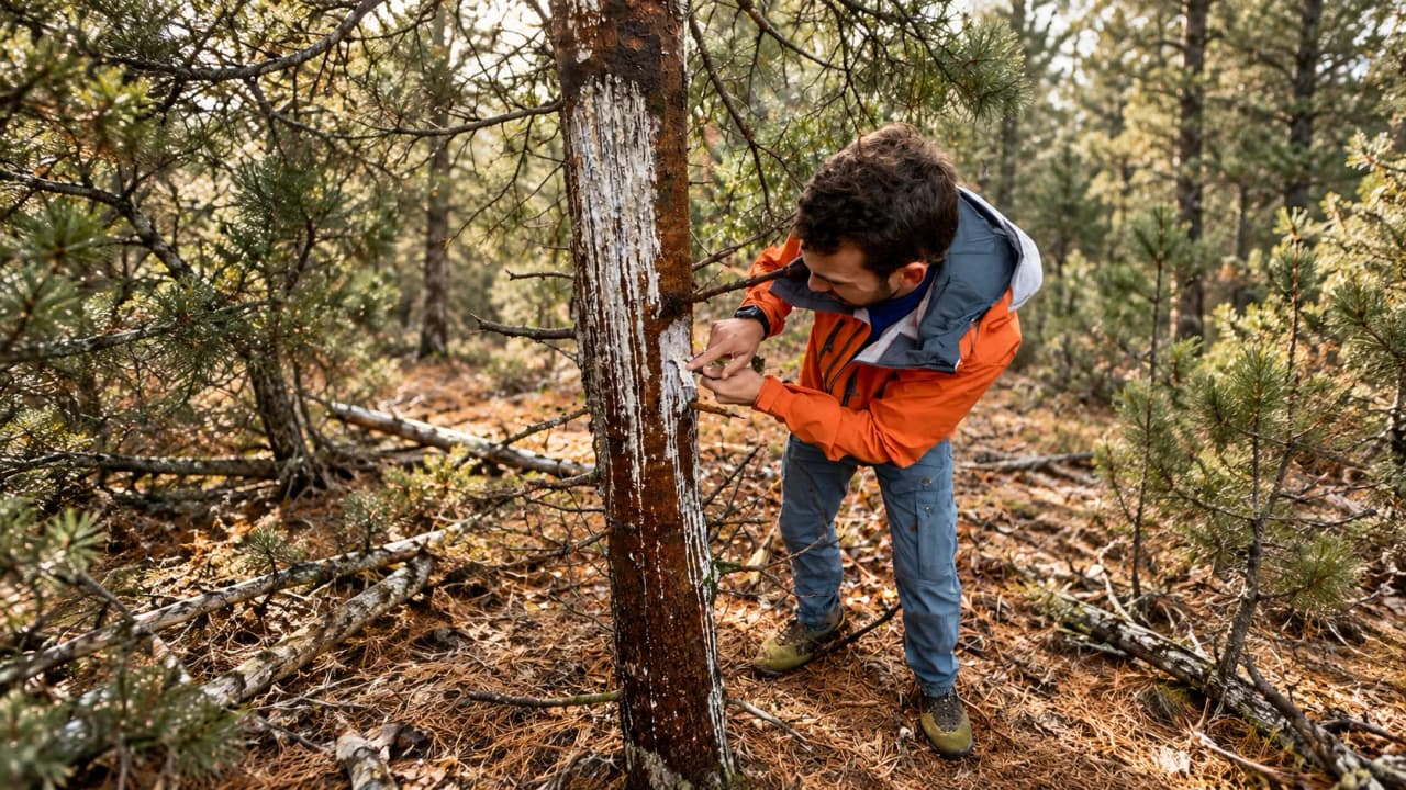 A man out in the wilderness, stripping bark from a tree, exploring the Cévennes whilst practising bushcraft.