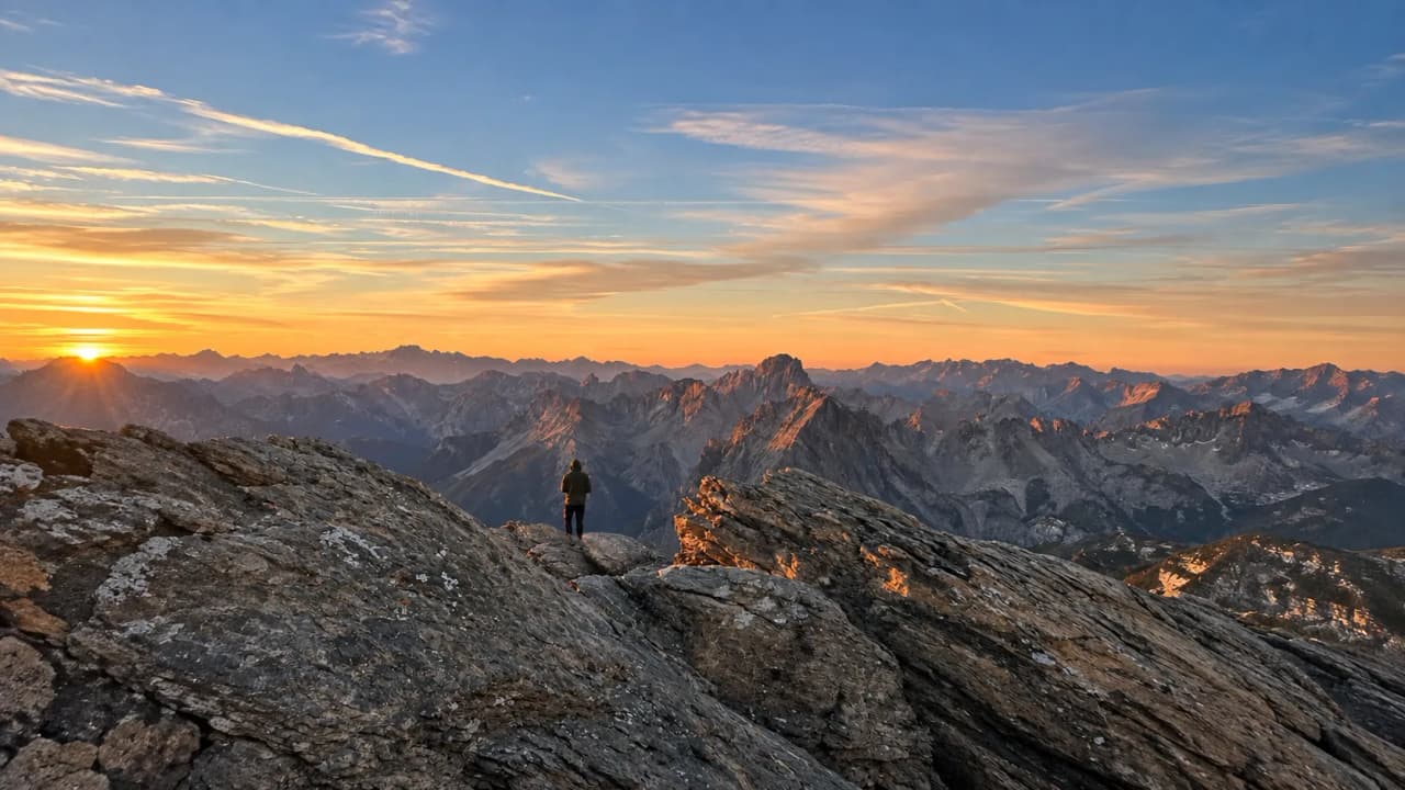 Coucher de soleil éclatant sur les sommets alpins, un randonneur admirant la beauté sauvage.