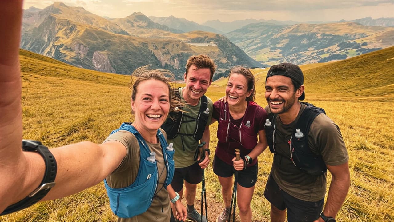 Quatre amis souriants posent en pleine nature, entourés de collines verdoyantes sous un ciel nuageux.