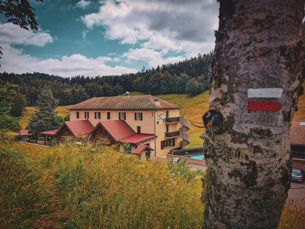 Charming view of the Vercors, with a traditional building surrounded by greenery and mountains.