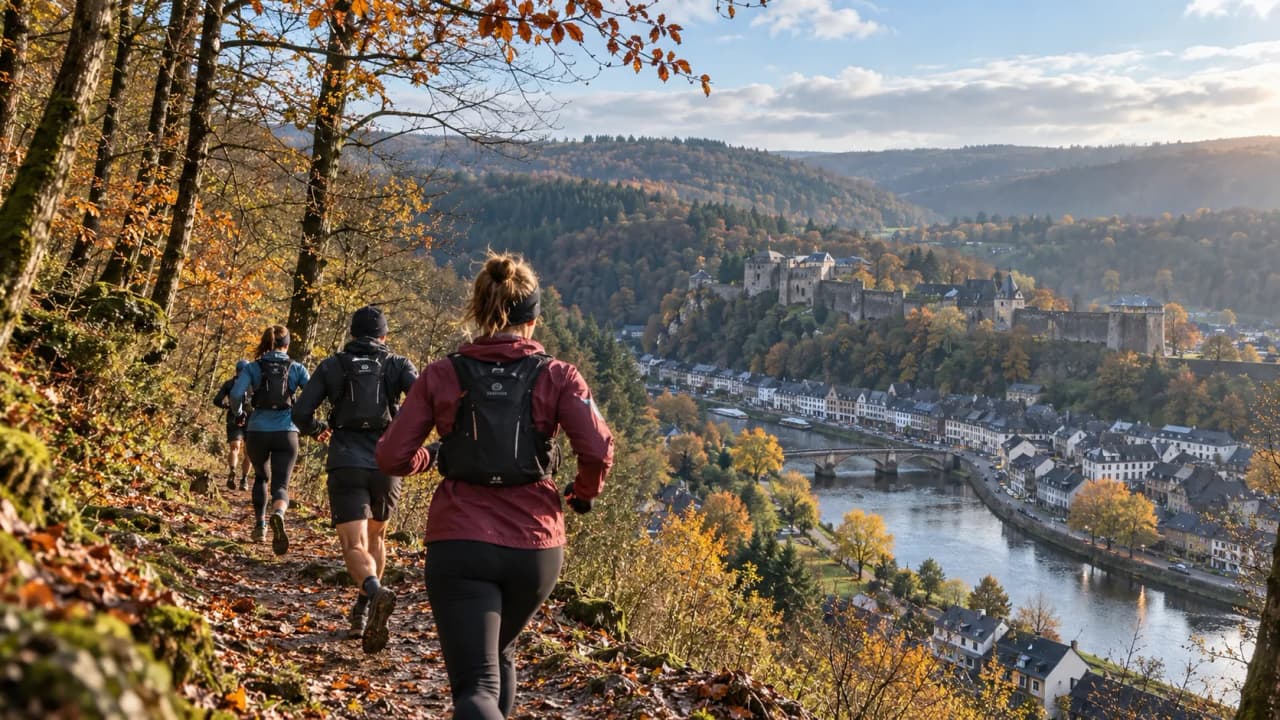 Groupe de traileurs sur un sentier d'Ardennes, vue panoramique sur Bouillon et la Semois.