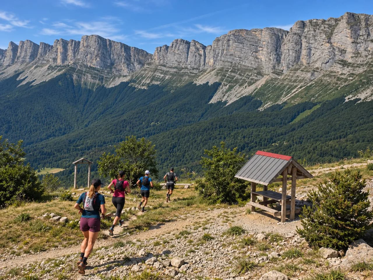 In keeping with the expedition, the image shows trail runners running along a picturesque path, surrounded by majestic mountains and lush green landscapes, inviting you to embark on an adventure in the Vercors.