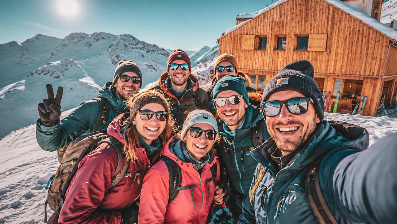 A group of smiling friends wearing sunglasses, surrounded by snow and mountains, in front of a cosy Mountain hut.