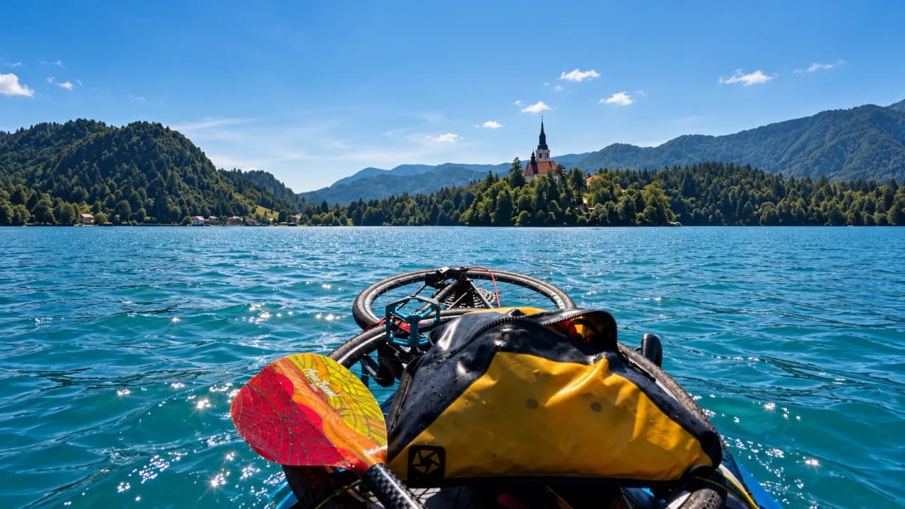 A panoramic view from a packraft on the emerald-green lake, surrounded by lush green mountains.