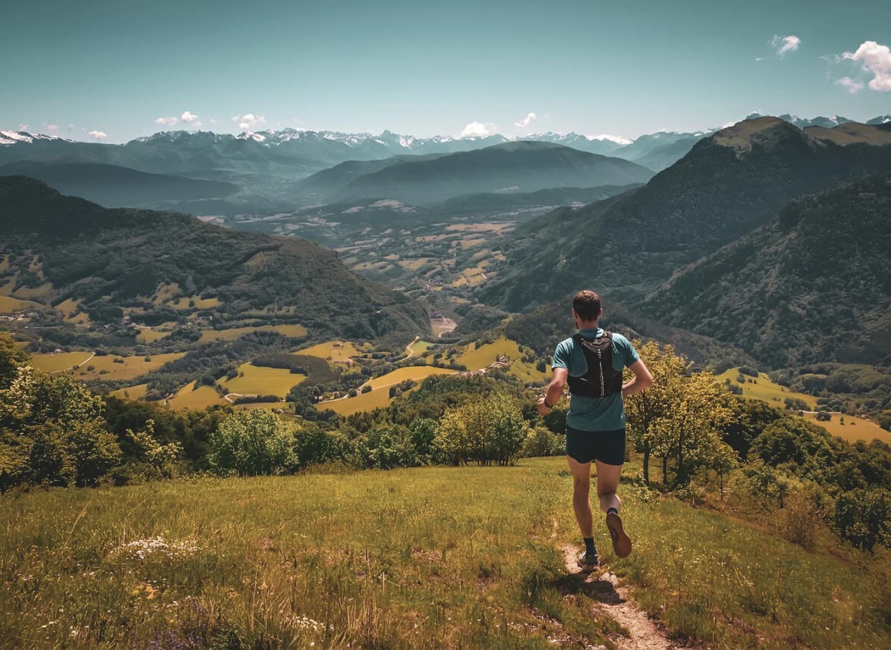 Een hardloper op een groen pad, met majestueuze bergen op de achtergrond.